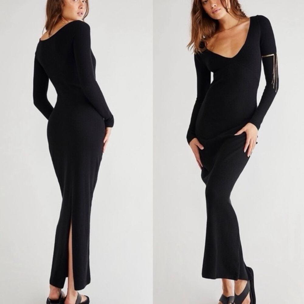 Free People FP Beach Trixie Long Sleeve Maxi Sweater Dress Black Ribbed Size L